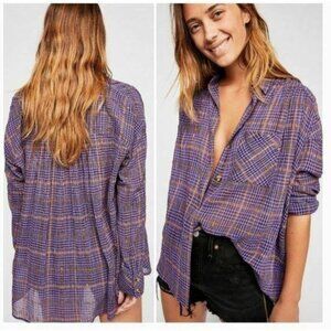 FREE PEOPLE Break My Stride Purple Metallic Plaid Long Sleeve Blouse Size Small